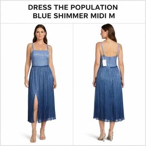 DRESS THE POPULATION BLUE SHIMMER MIDI M